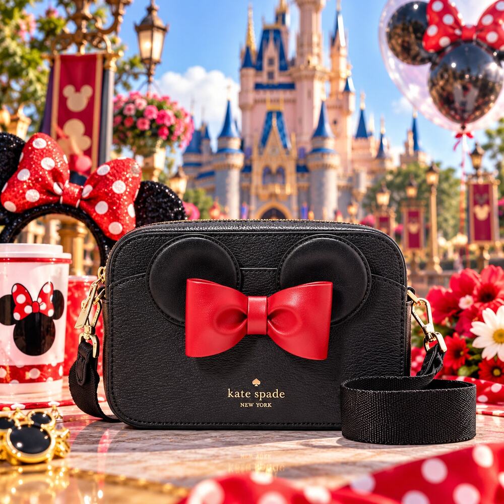 Kate Spade x Disney Minnie Mouse Camera Bag Black Multi Bow Crossbody KH621 NWT